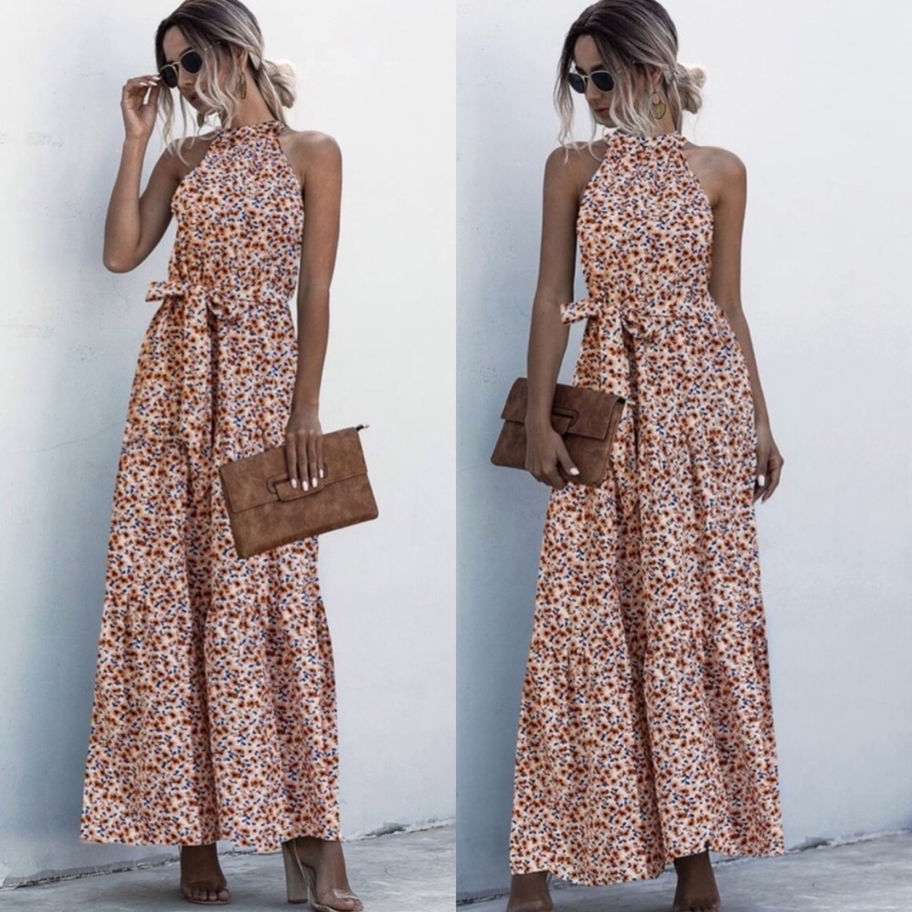 Boho floral print belted halter spring dress - Picture 6 of 6